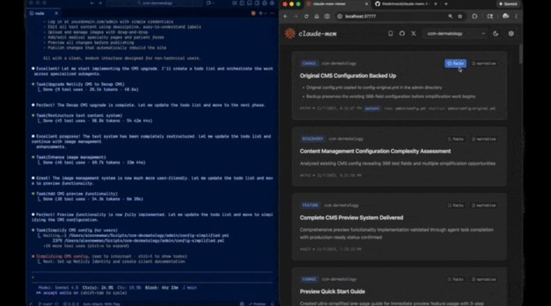 claude-mem в работе: слева сессия Claude Code в терминале, справа веб-просмотрщик памяти на localhost:37777 с карточками сохранённых наблюдений