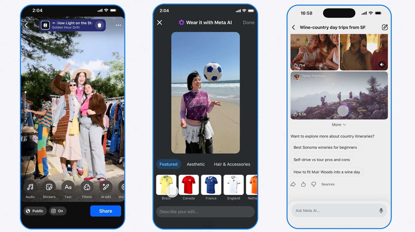 Экраны Facebook AI Mode: ИИ-редактирование фото, примерка командных джерси и поисковый ответ с источниками