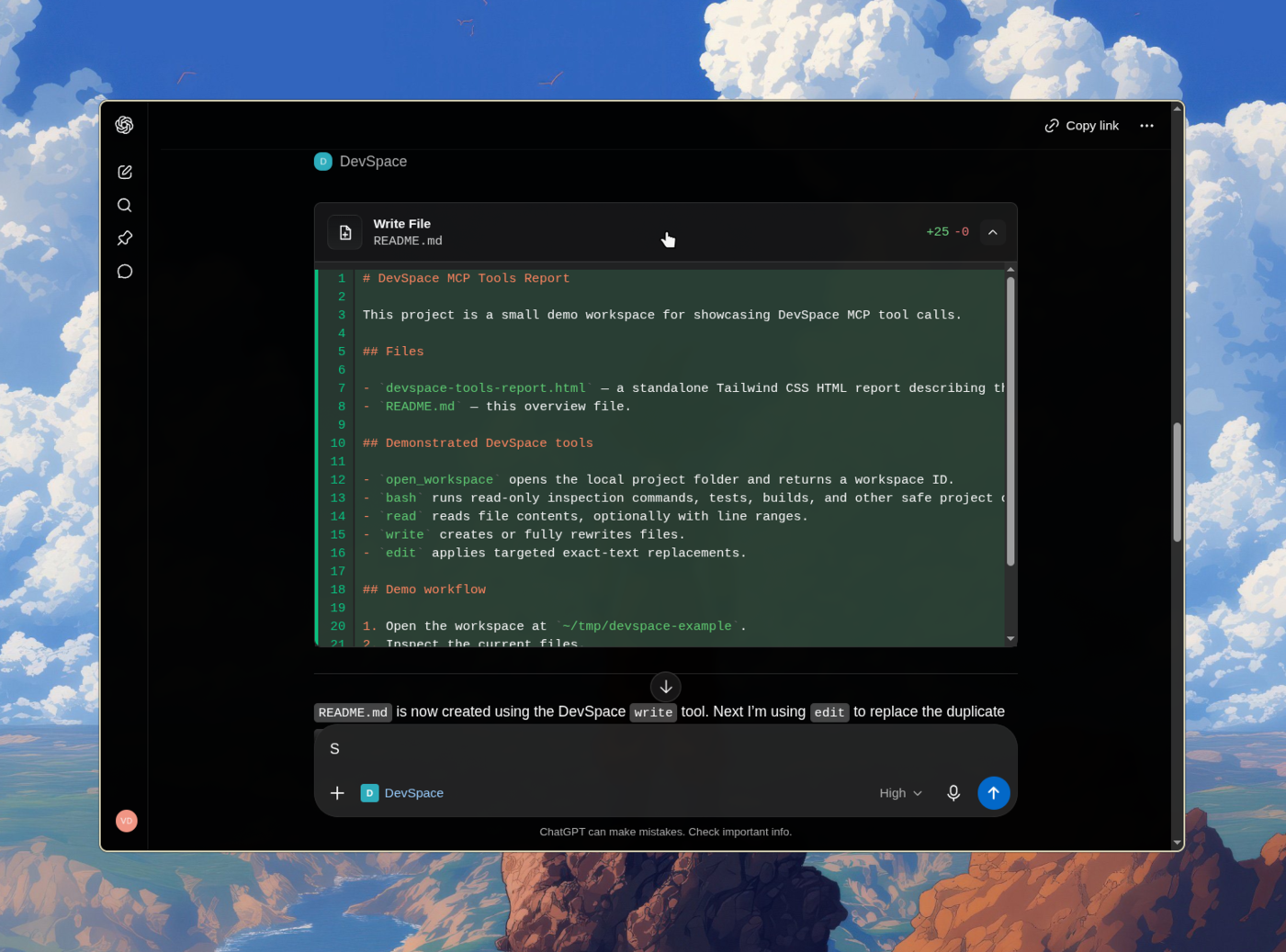 Скриншот DevSpace: ChatGPT работает с локальным репозиторием через MCP — читает и правит файлы прямо на машине пользователя