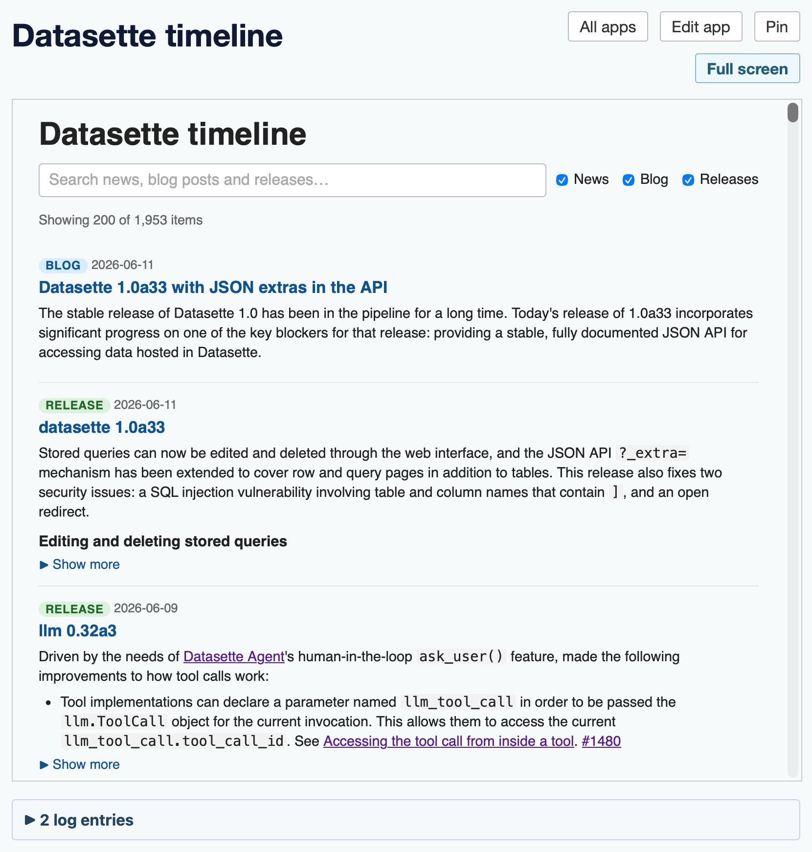 Приложение Datasette timeline в песочнице: поиск по новостям, блогу и релизам
