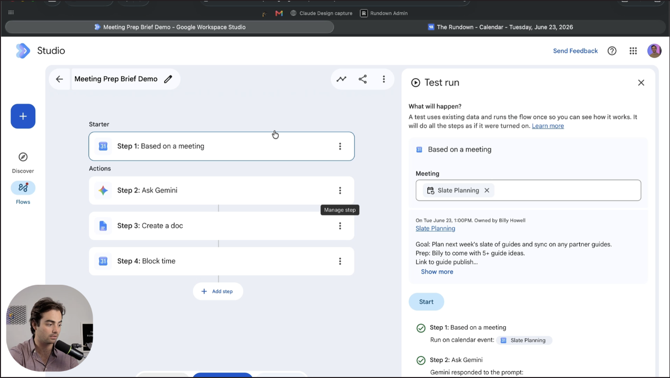 Скриншот флоу подготовки к встрече в Google Workspace Studio с шагами Ask Gemini, Create a doc и Block time