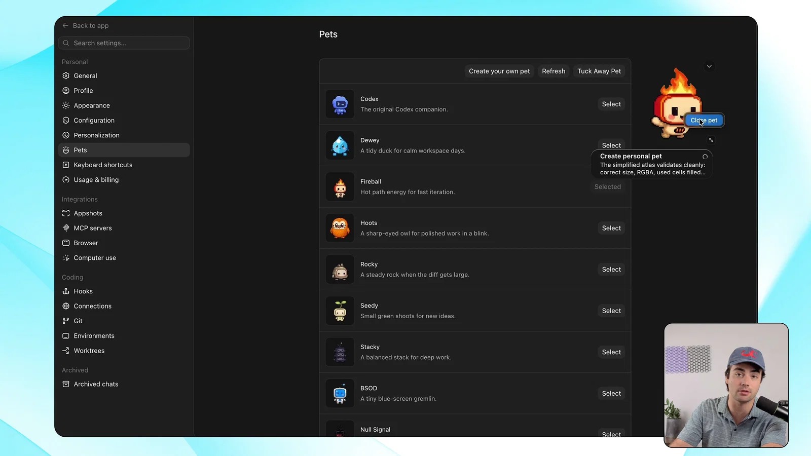 Панель Codex → Settings → Pets: список питомцев и активный «огонёк» на рабочем столе