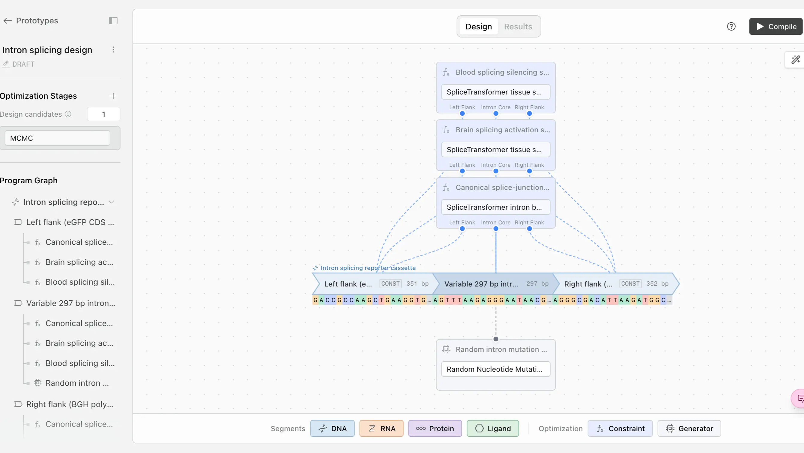 Интерфейс Proto: визуальный граф программы для дизайна сплайсинга интрона с блоками ДНК, РНК, белков и лигандов