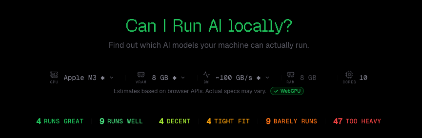 CanIRun.ai: по железу машины раскладывает локальные модели на «пойдёт отлично / впритык / не потянет»