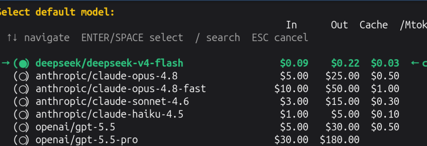 Прайс в модель-пикере: deepseek-v4-flash $0.09/$0.22 против opus-4.8 $5/$25 и gpt-5.5 $5/$30 за миллион токенов
