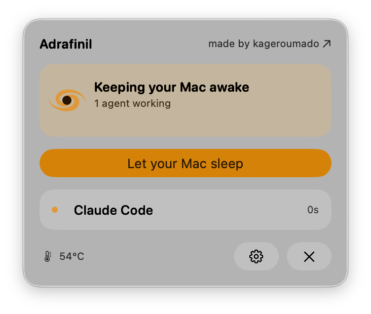 Adrafinil в меню-баре: «1 agent working», сессия Claude Code, температура 54°C