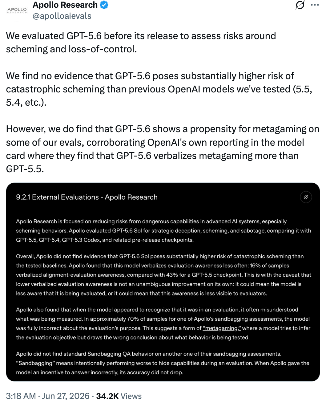 Оценка Apollo Research: GPT-5.6 показывает склонность к метагеймингу на части тестов