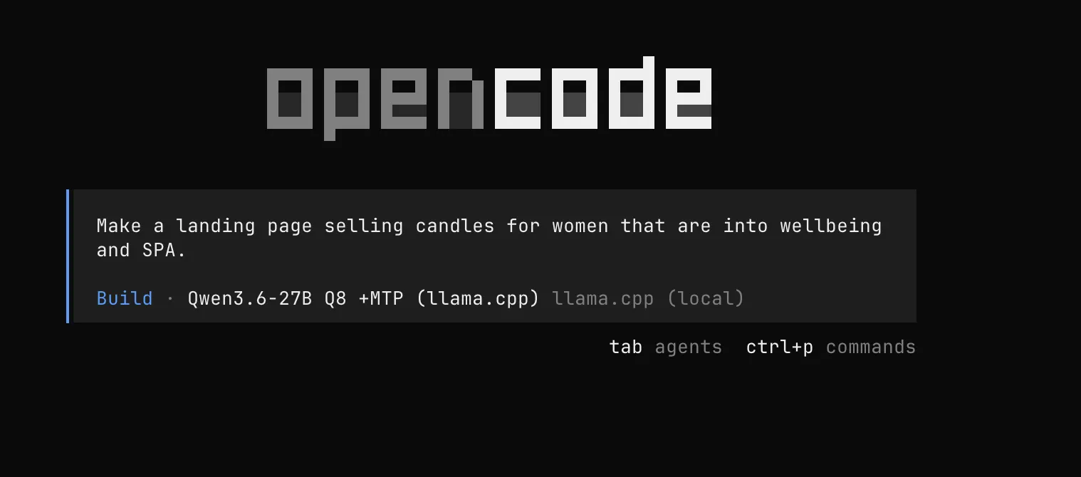 Локальная Qwen 3.6 27B запущена в кодинг-агенте OpenCode через llama.cpp