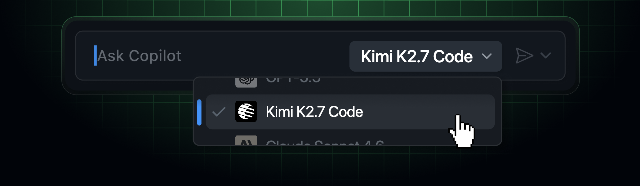 Выбор модели в GitHub Copilot: выбран Kimi K2.7 Code — github.blog