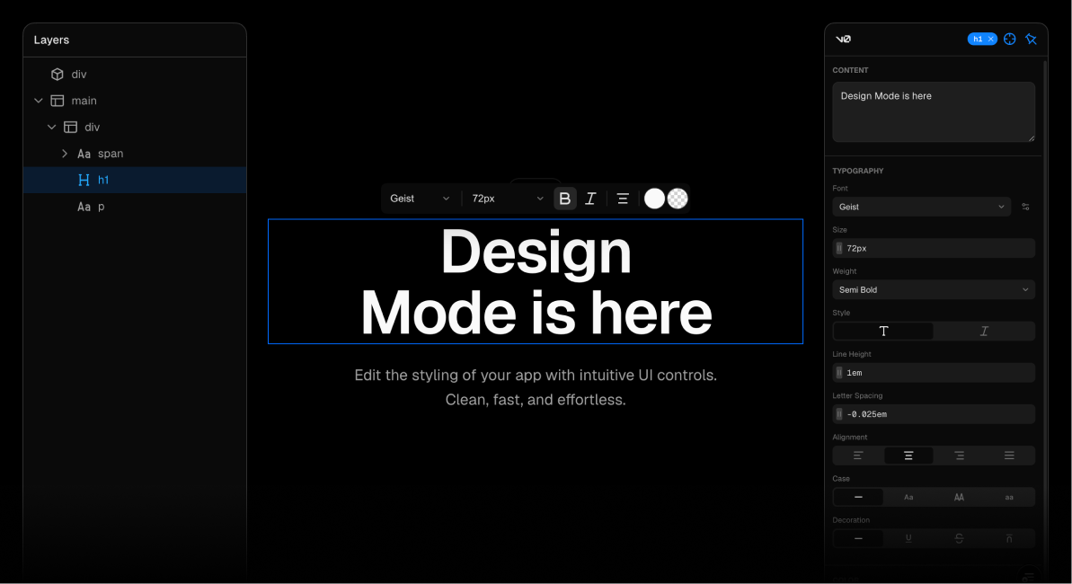 Скриншот Design Mode в v0: панель слоёв и настройки типографики поверх собранной страницы