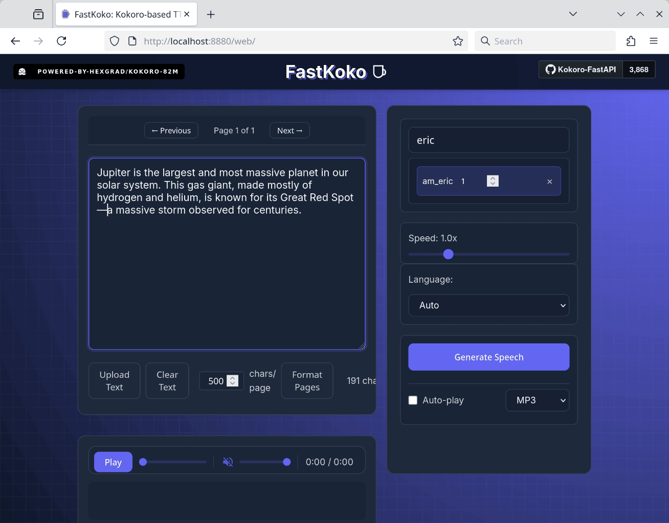Веб-интерфейс FastKoko: слева текст про Юпитер, справа выбор голоса am_eric, скорость, язык и кнопка Generate Speech