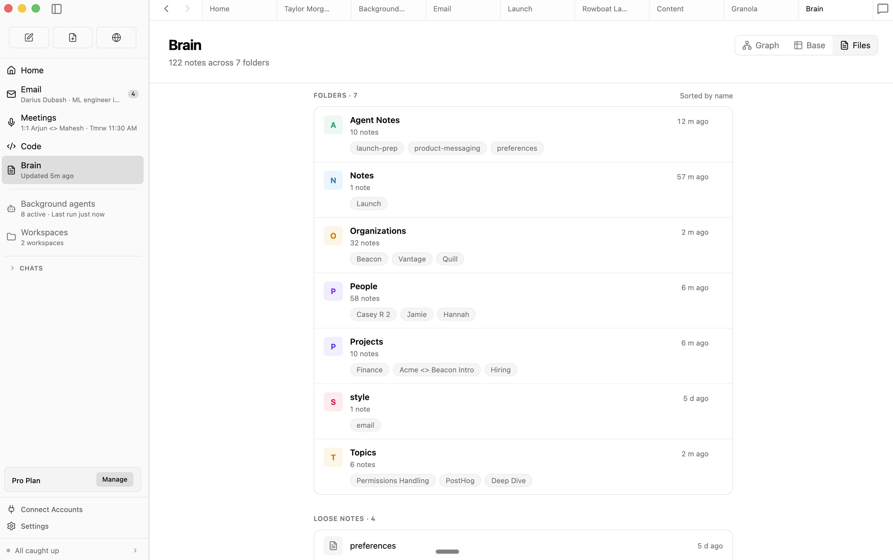 Rowboat: «мозг» помощника — граф знаний из папок Agent Notes, Organizations, People, Projects; слева почта, встречи, код и фоновые агенты
