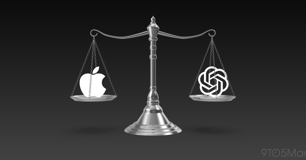 Иллюстрация 9to5Mac к иску: логотипы Apple и OpenAI на весах правосудия