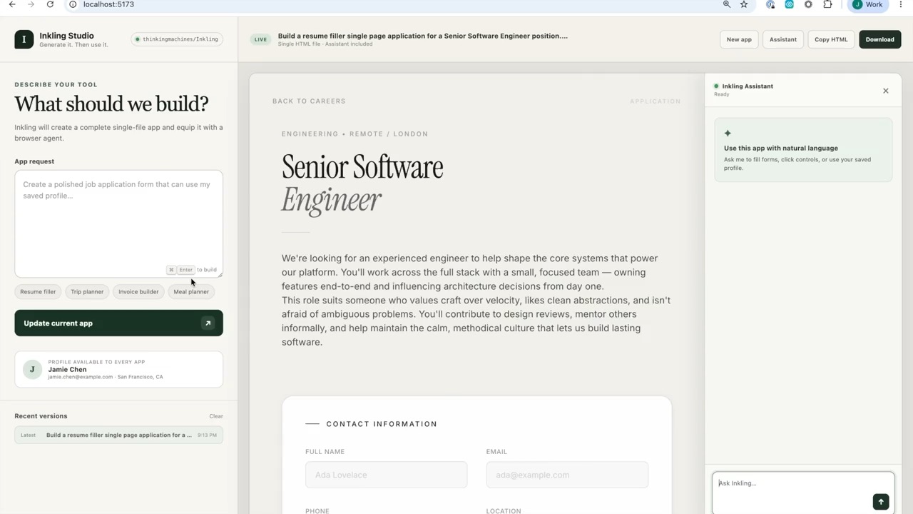 Inkling Studio: одним промптом собирает готовое веб-приложение и подключает к нему агента