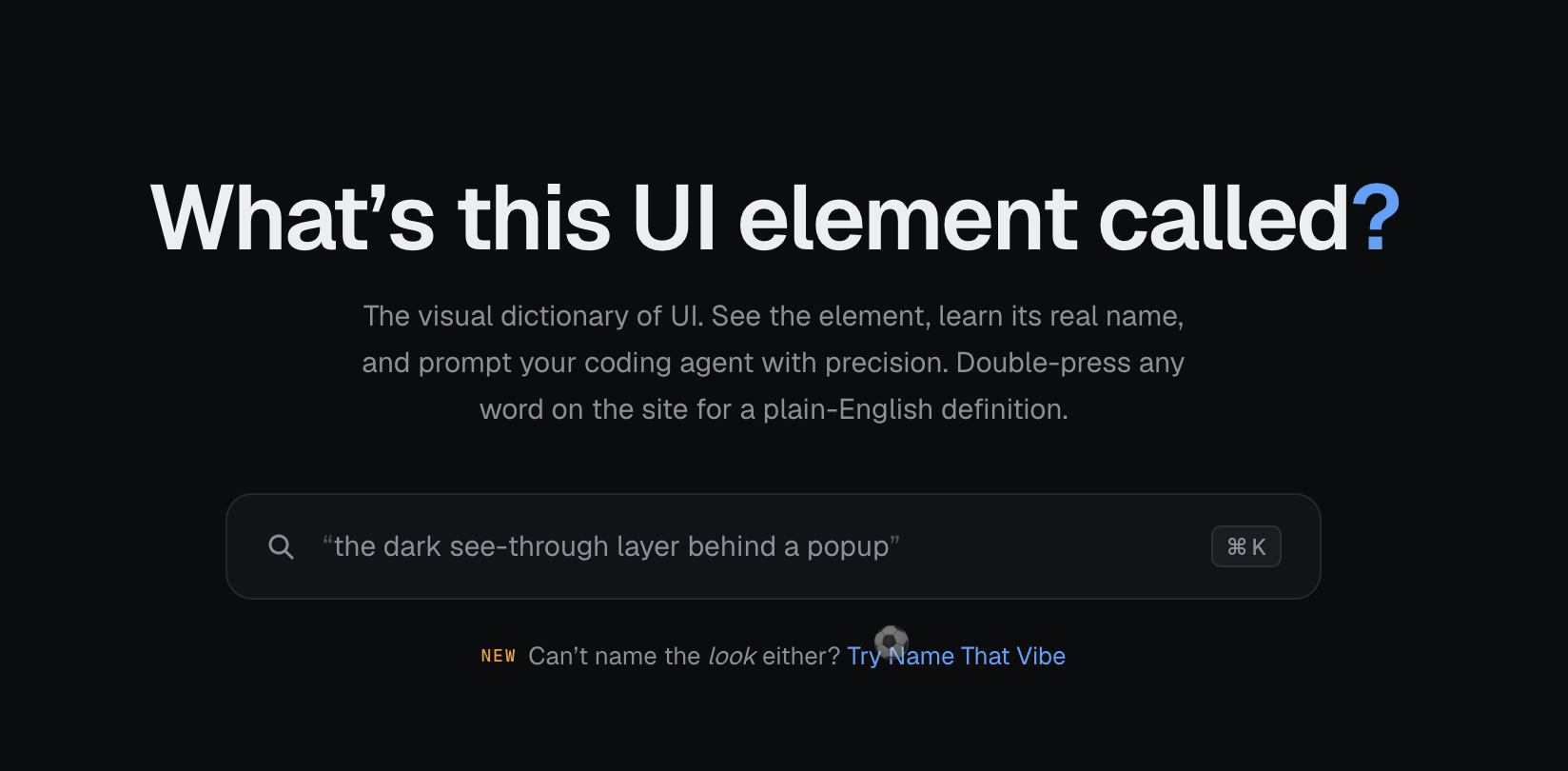 Скриншот NameThatUI: «What's this UI element called?» — визуальный словарь интерфейсных элементов для точных промптов