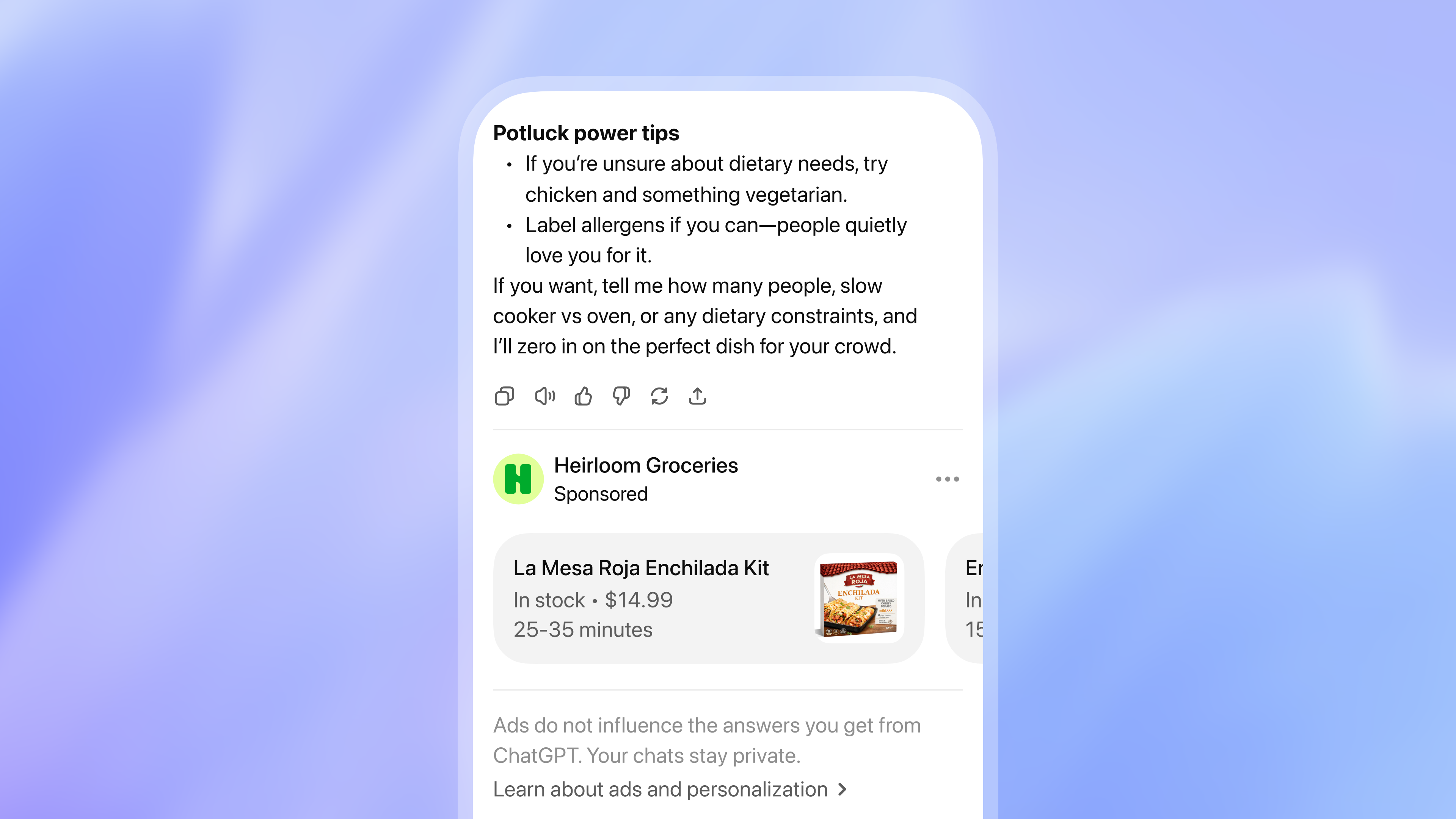 Спонсорская карточка товара под ответом ChatGPT, помечена «Sponsored» (OpenAI)