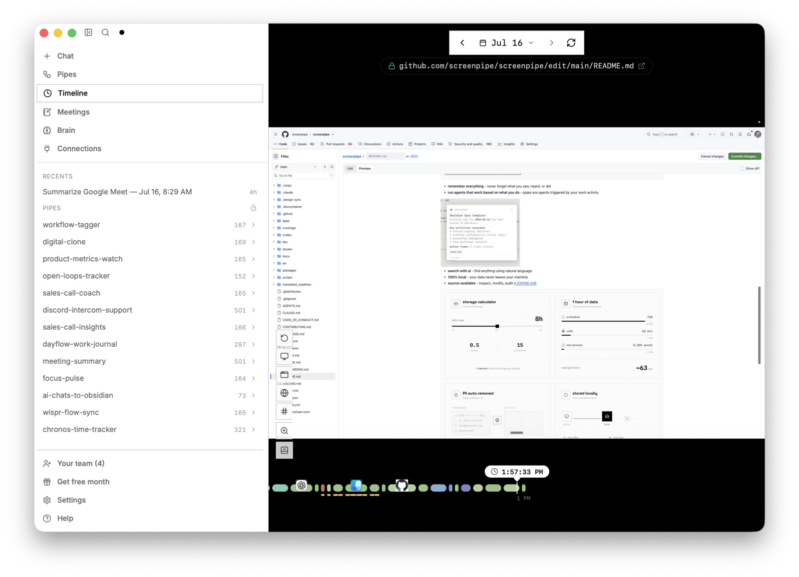 Интерфейс Screenpipe: слева список работающих пайпов со счётчиками запусков, справа лента дня с восстановленным кадром экрана