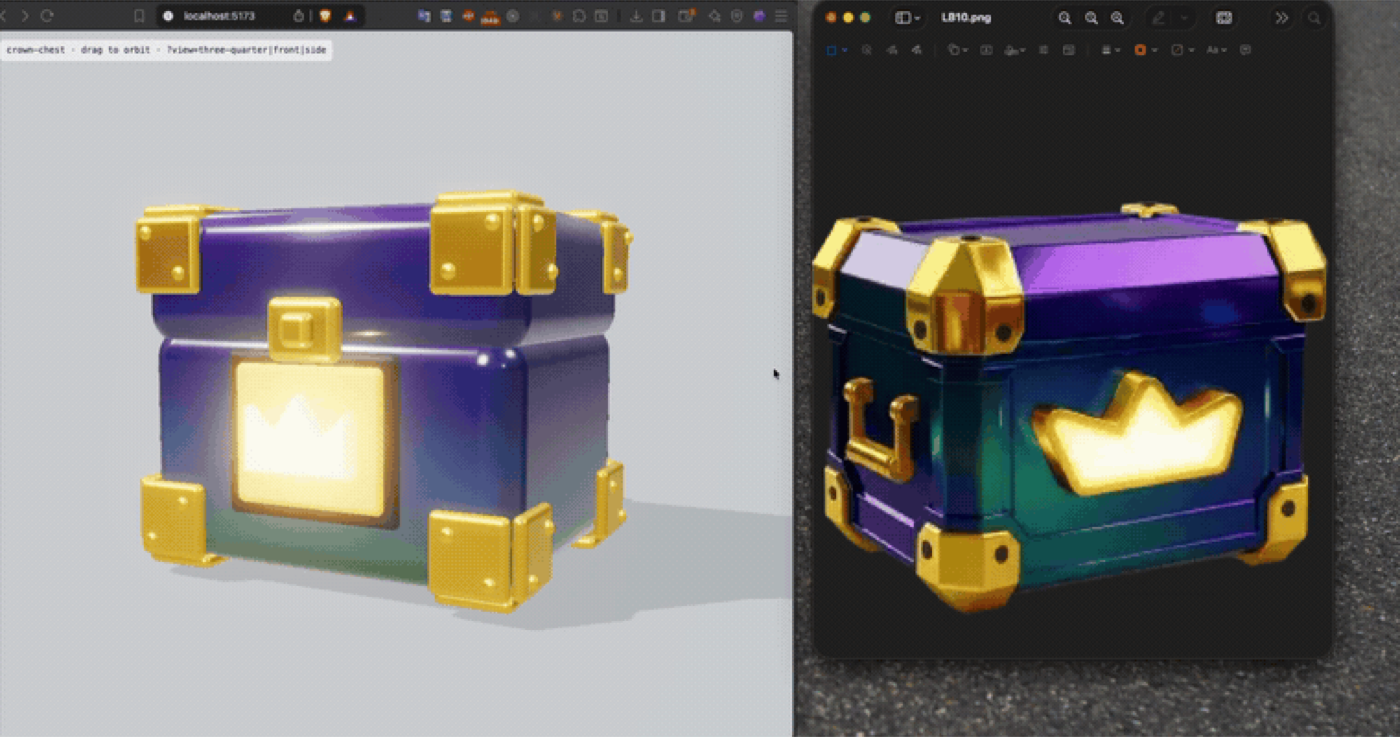 Слева — 3D-сундук, собранный кодом Three.js из одной картинки; справа — исходное фото