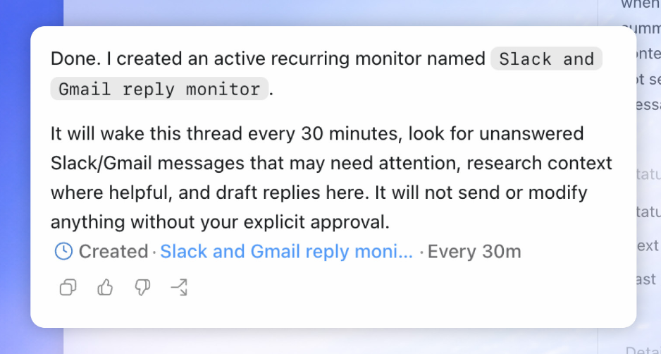 Codex подтверждает создание повторяющегося монитора почты и Slack каждые 30 минут, с черновиками ответов и без отправки без одобрения (Creator Economy)