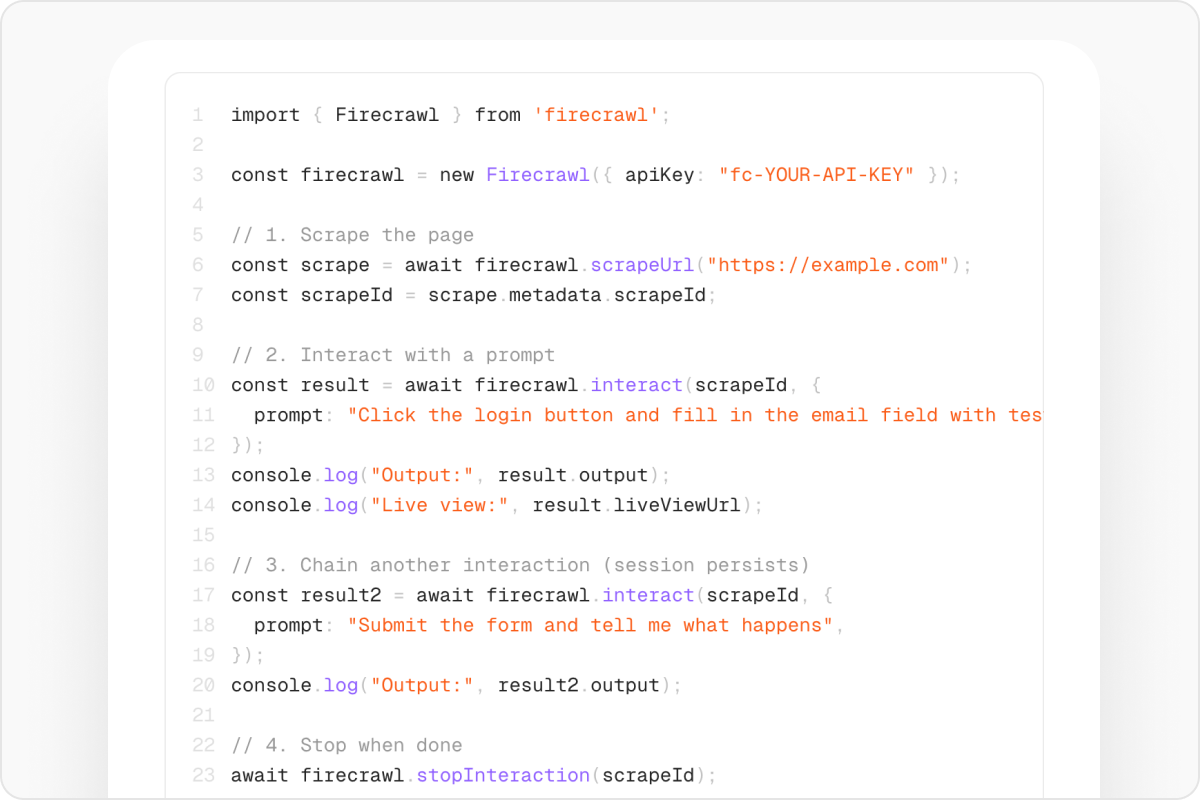 Полный цикл в Node.js: скрейп страницы, действие по фразе, второе действие в той же сессии, остановка. Скриншот из документации Firecrawl