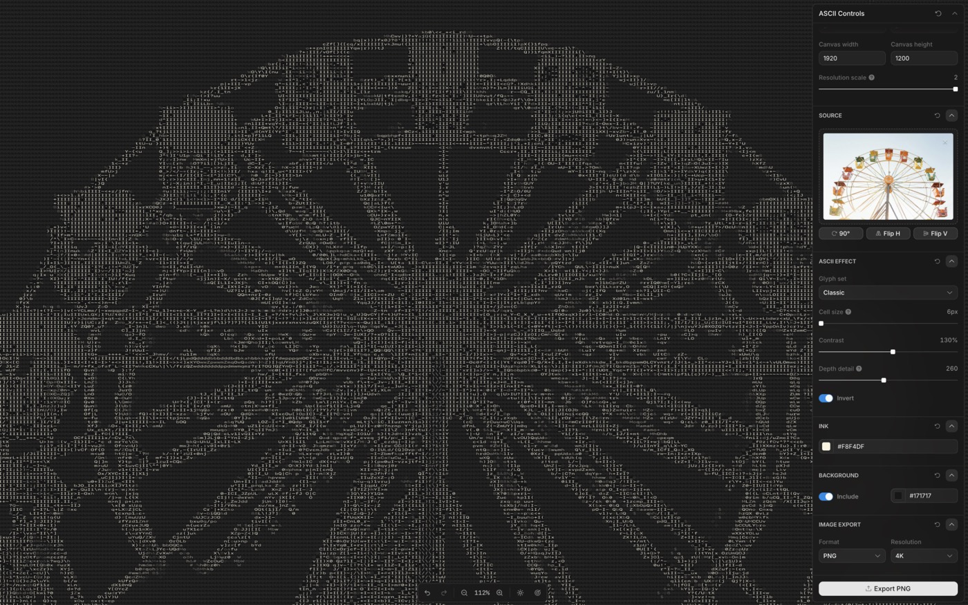Приложение, собранное на Toolcraft: ASCII-фильтр с панелью контролов — набор глифов, размер ячейки, контраст, цвет чернил и фона, экспорт в PNG