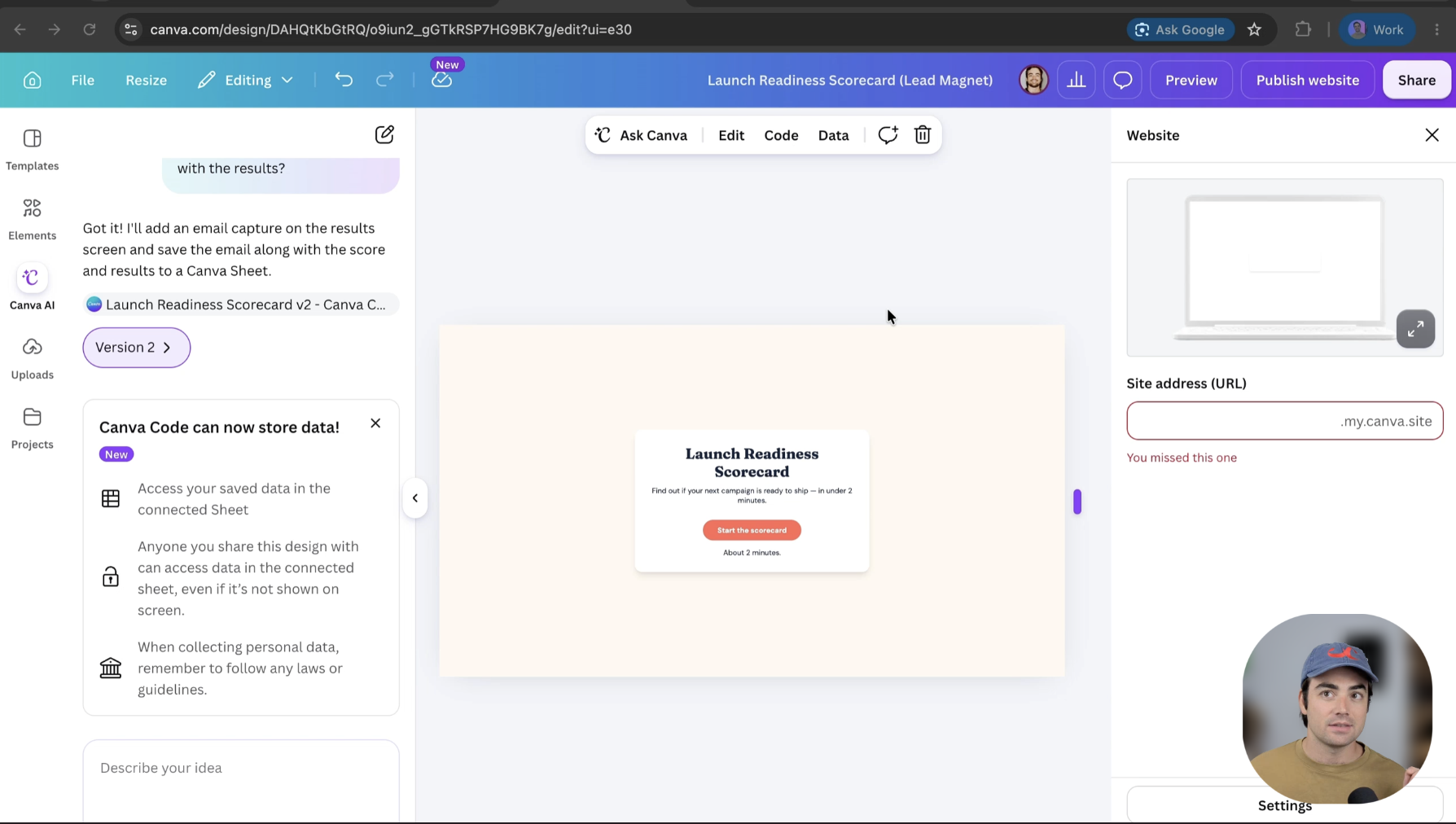 Canva Code: собранный лид-магнит «Launch Readiness Scorecard» с подключённой таблицей для сбора почты