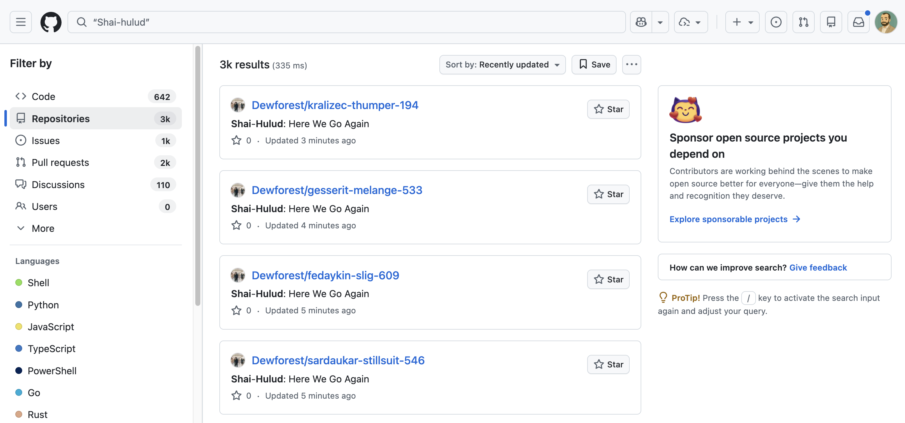Поиск на GitHub по «Shai-hulud»: три тысячи репозиториев с описанием «Here We Go Again», обновлённых минуты назад