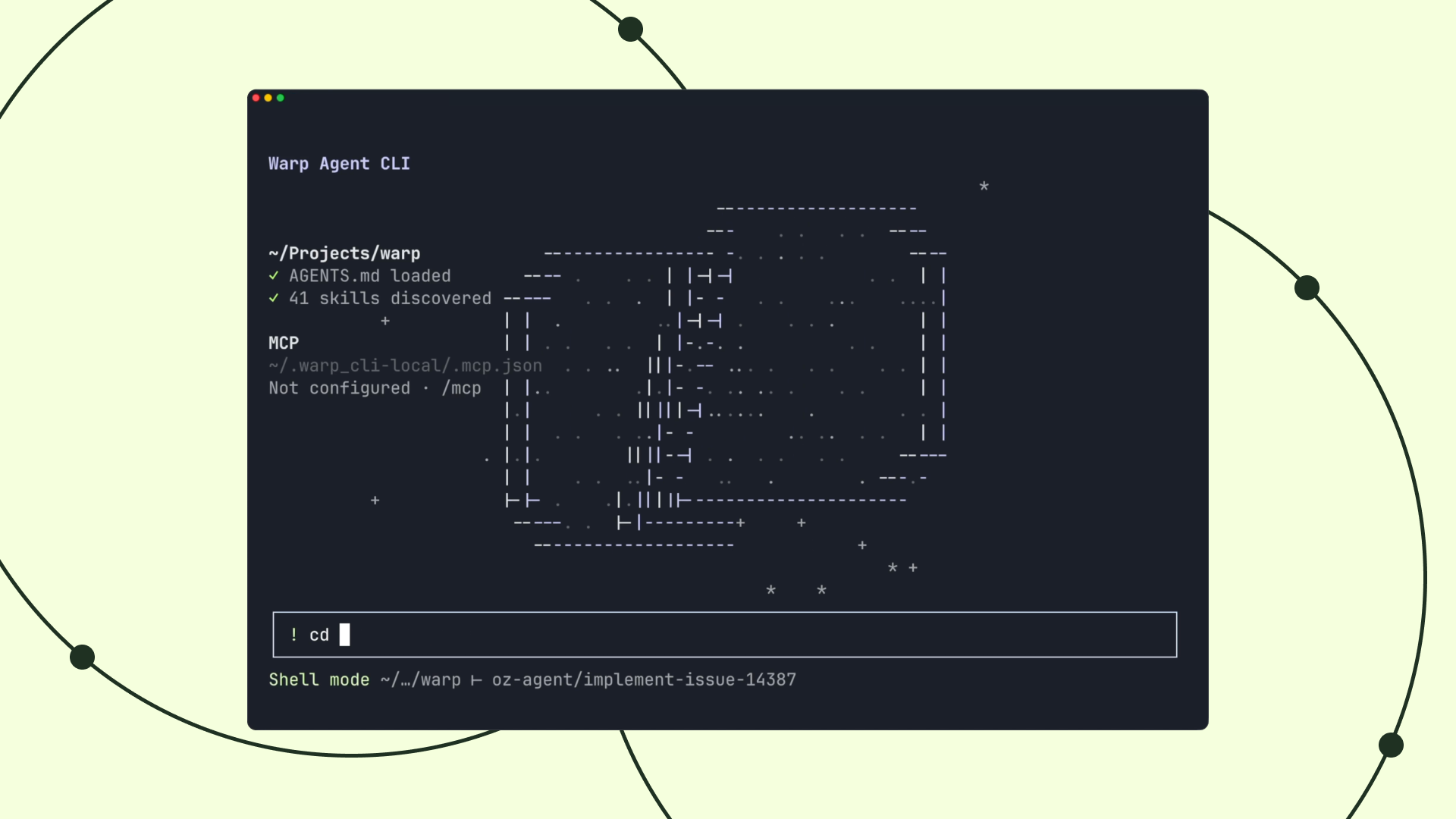 Стартовый экран Warp Agent CLI: подхвачен AGENTS.md, найден 41 скилл, показан статус MCP