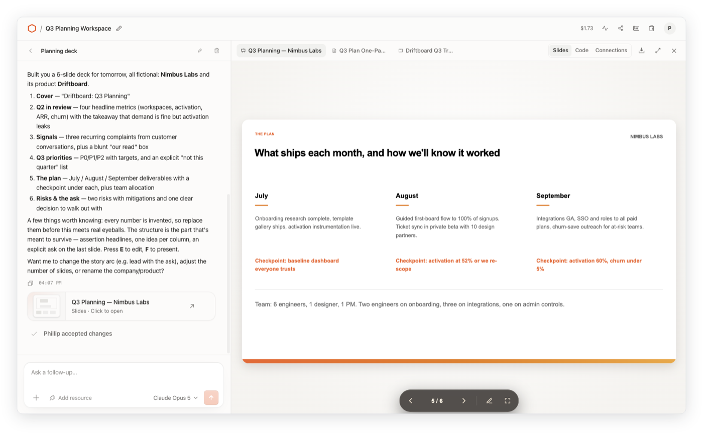 Рабочее пространство Cloudflare OS: слева чат с агентом и счётчик стоимости сессии, справа собранная им презентация