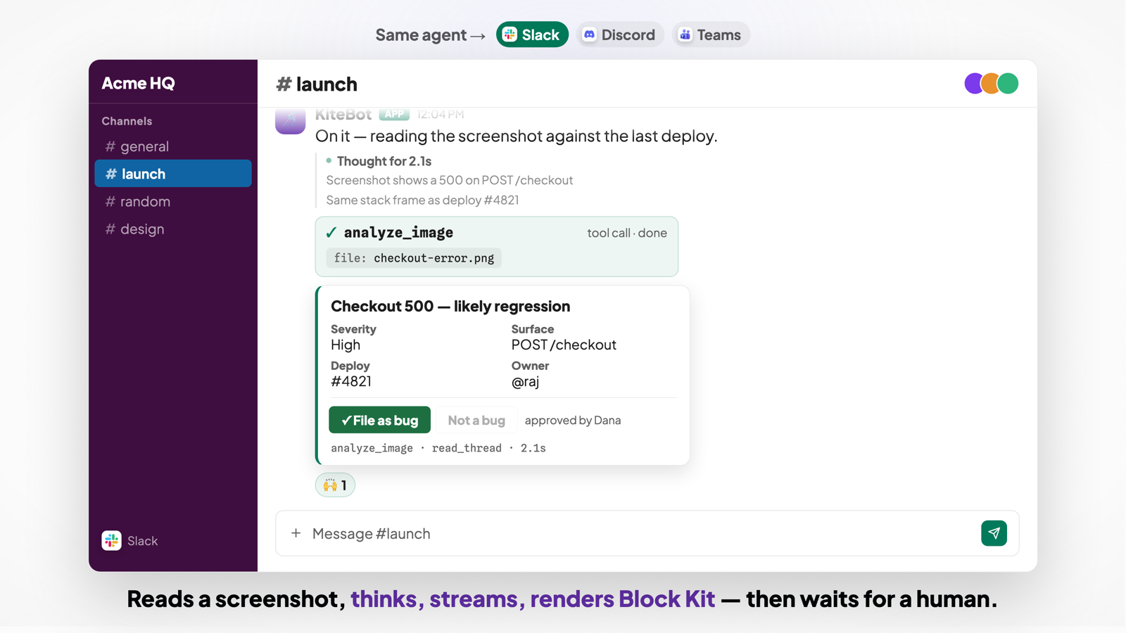 Скриншот Channels SDK: агент разбирает баг-репорт прямо в Slack и ждёт подтверждения человека