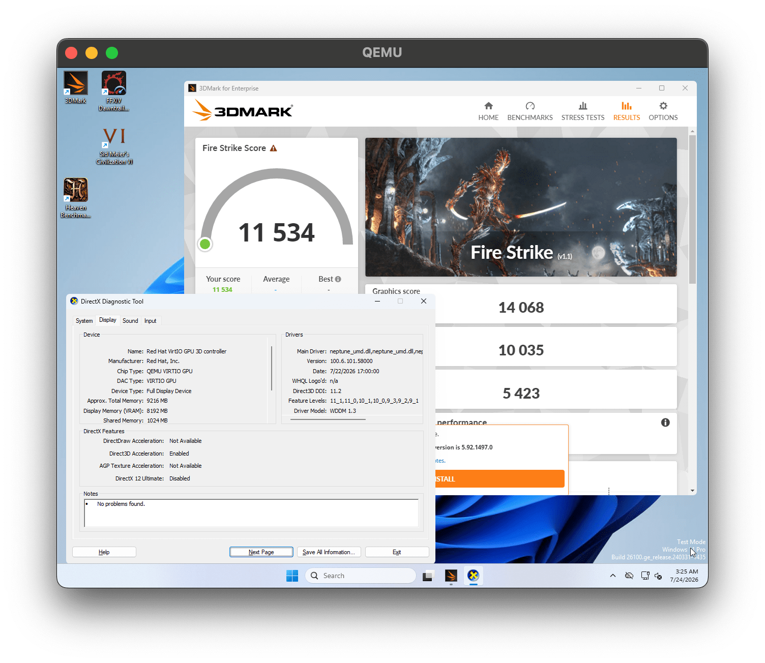 3DMark Fire Strike в виртуалке QEMU на macOS и окно диагностики DirectX с параметрами виртуальной видеокарты