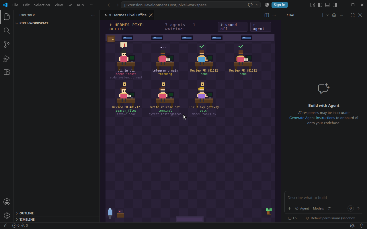 Панель Hermes Pixel Office в VS Code: семь агентов за столами, один ждёт подтверждения