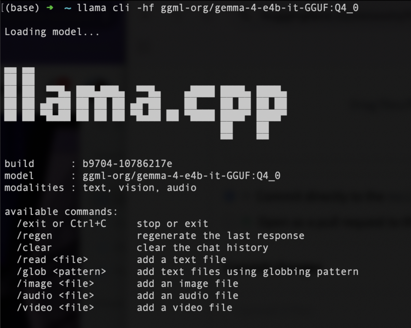 Запуск <code>llama cli</code> с моделью Gemma 4: видно, что модель понимает текст, картинки и звук