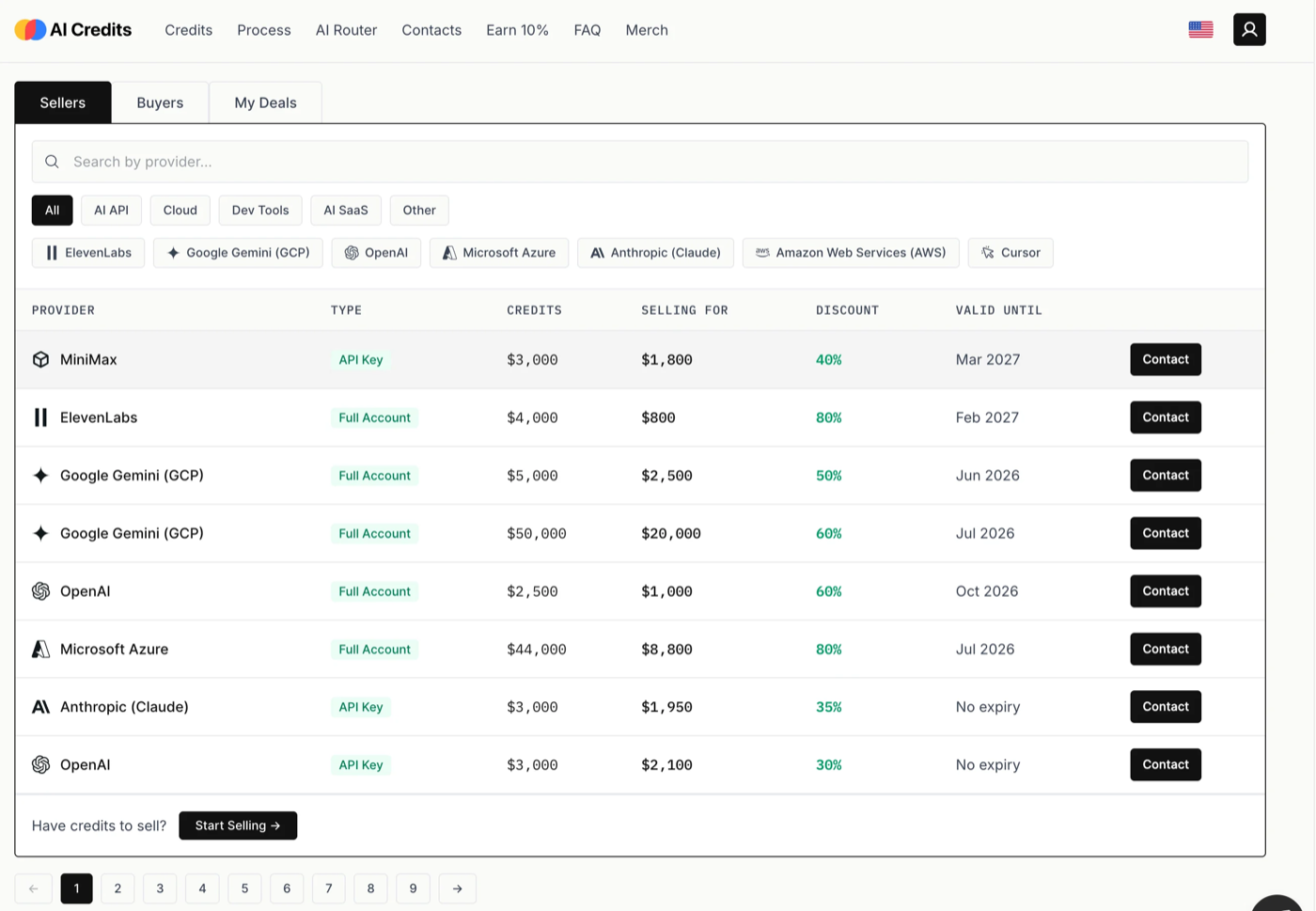 Витрина площадки по перепродаже ИИ-кредитов: аккаунты и ключи OpenAI, Azure и Anthropic со скидкой 30–80%