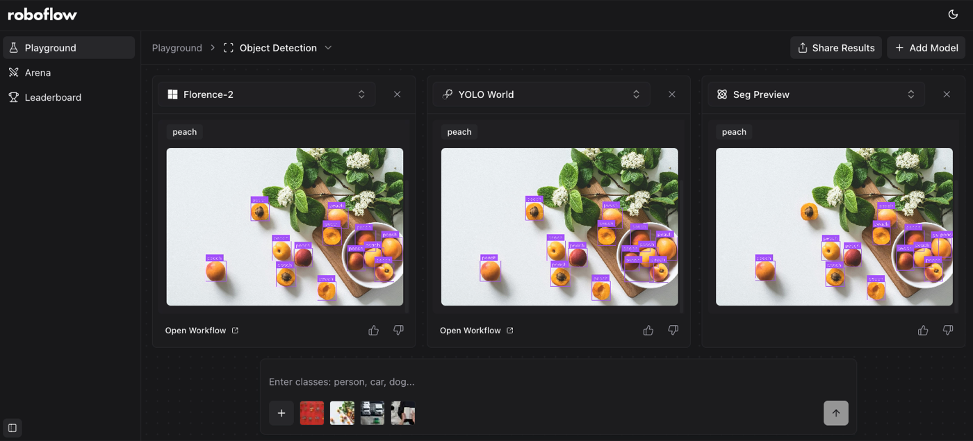 Roboflow Playground: один промпт «peach» прогнан через три модели одновременно с наложенными рамками