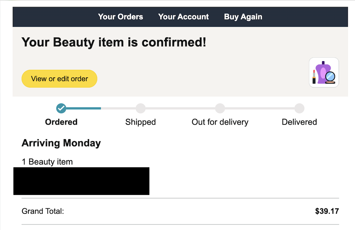 Письмо Amazon: «Your Beauty item is confirmed», строка «1 Beauty item», название товара закрашено, итого $39,17 — вместо картинки товара клипарт категории