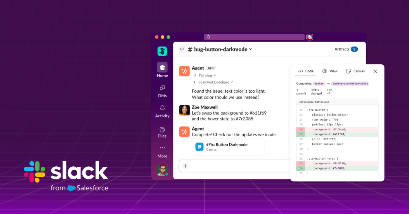 Снимок экрана код-канала Slack Code: агент, обсуждение с командой и разница кода в боковой панели — анонс Salesforce