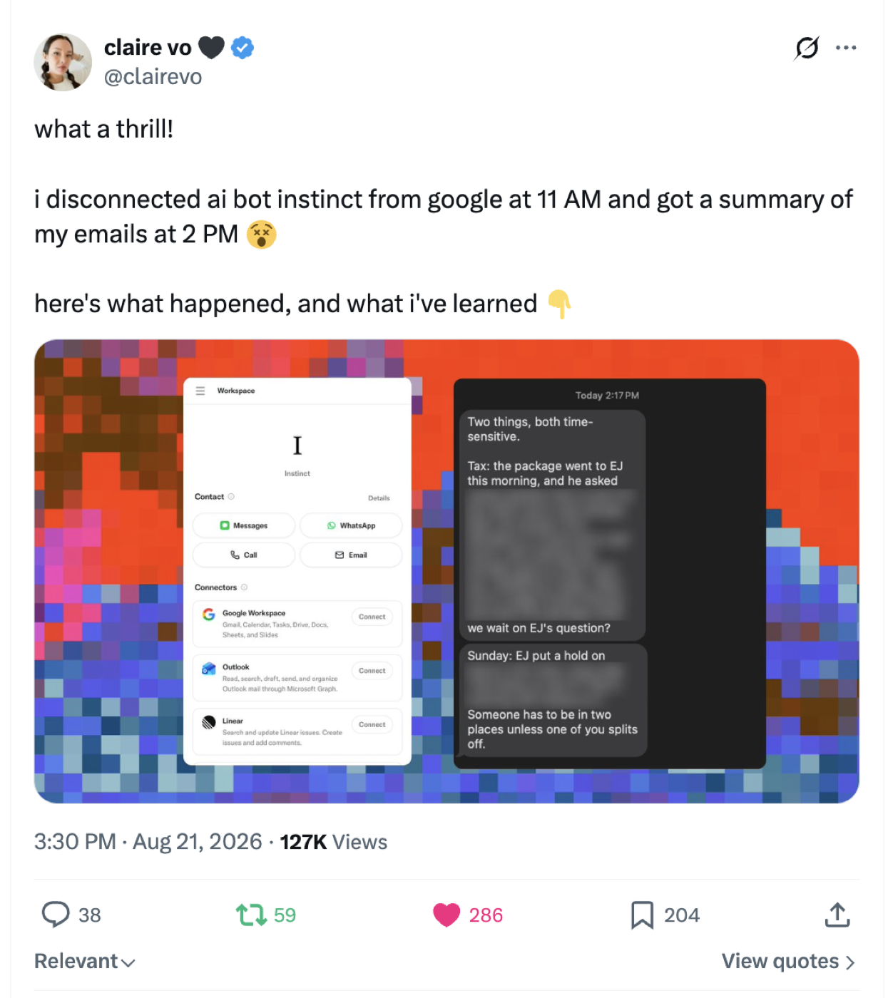 Твит Клэр Во: отключила ИИ-ассистента Instinct от Google в 11 утра, но саммари писем всё равно пришло в 14:00 — рядом интерфейс ассистента с коннекторами Google, Outlook, Linear