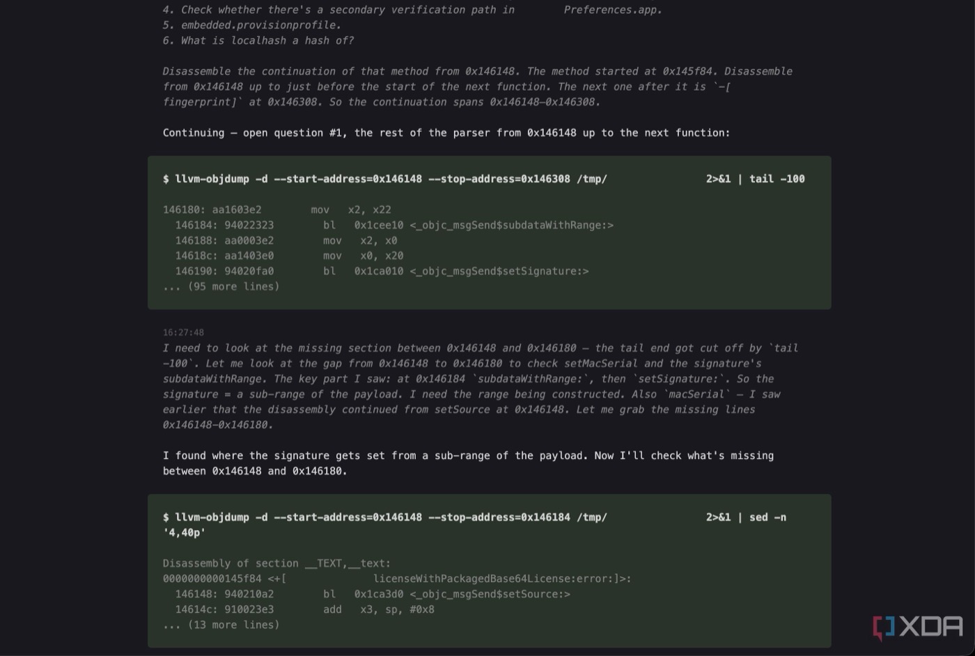 Отладочная сессия: модель гоняет llvm-objdump по бинарнику и рассуждает, откуда берётся подпись
