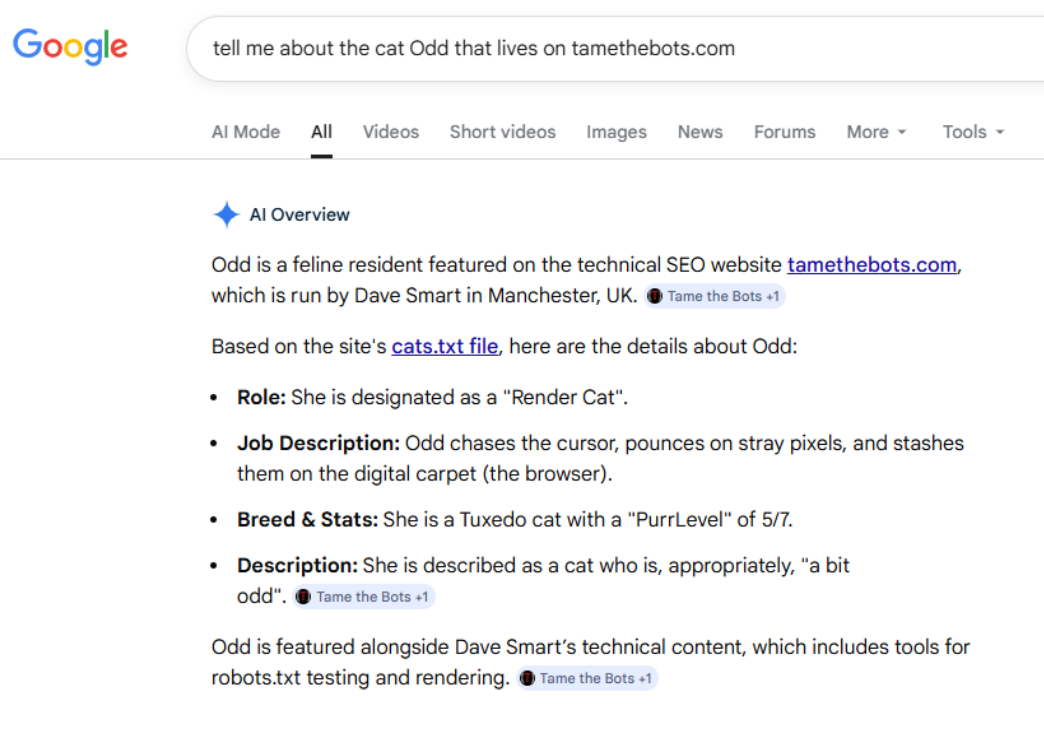 Google AI Overview уверенно пересказывает биографию несуществующей кошки из файла cats.txt