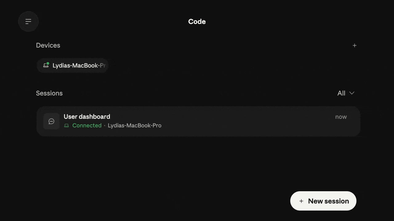 Раздел Devices во вкладке Code: подключённый макбук карточкой сверху — с неё запускается новая сессия прямо с телефона