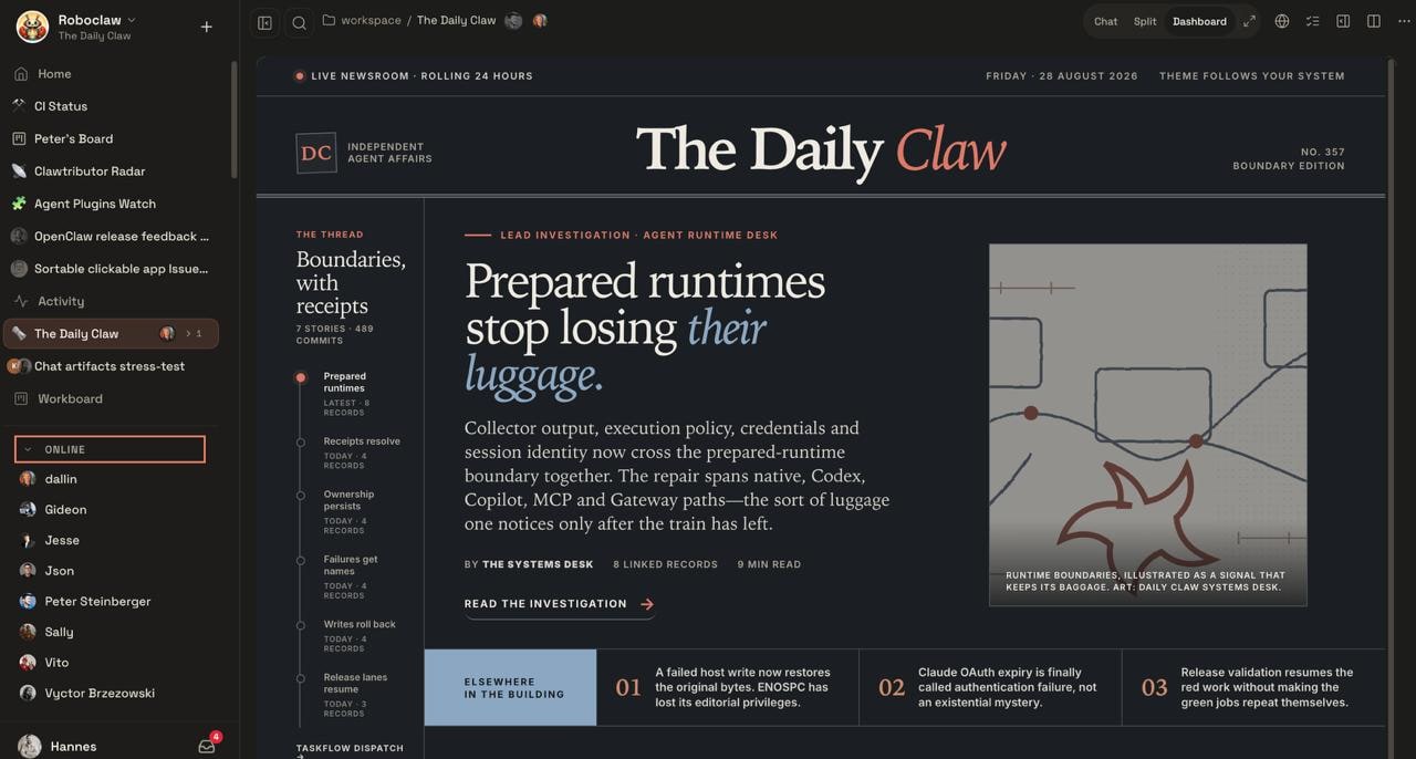 Панель OpenClaw 2.0: общая сессия со списком участников онлайн и собранной в чате сводкой