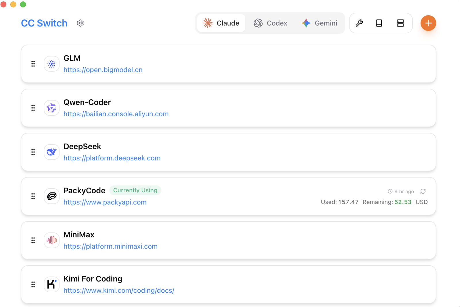 Главное окно CC Switch: список провайдеров для Claude, Codex и Gemini с остатком по балансу