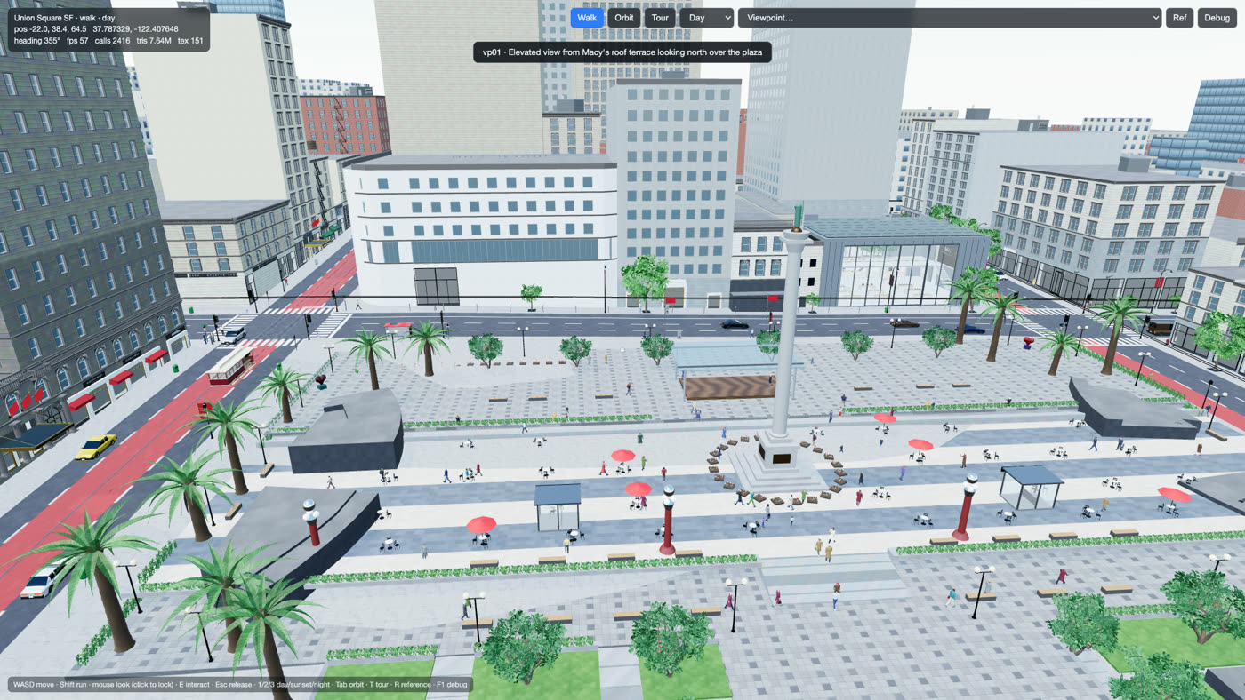 Union Square в Сан-Франциско, собранный роем агентов на Three.js: монумент Дьюи, канатный трамвай, отладочный HUD с 57 fps