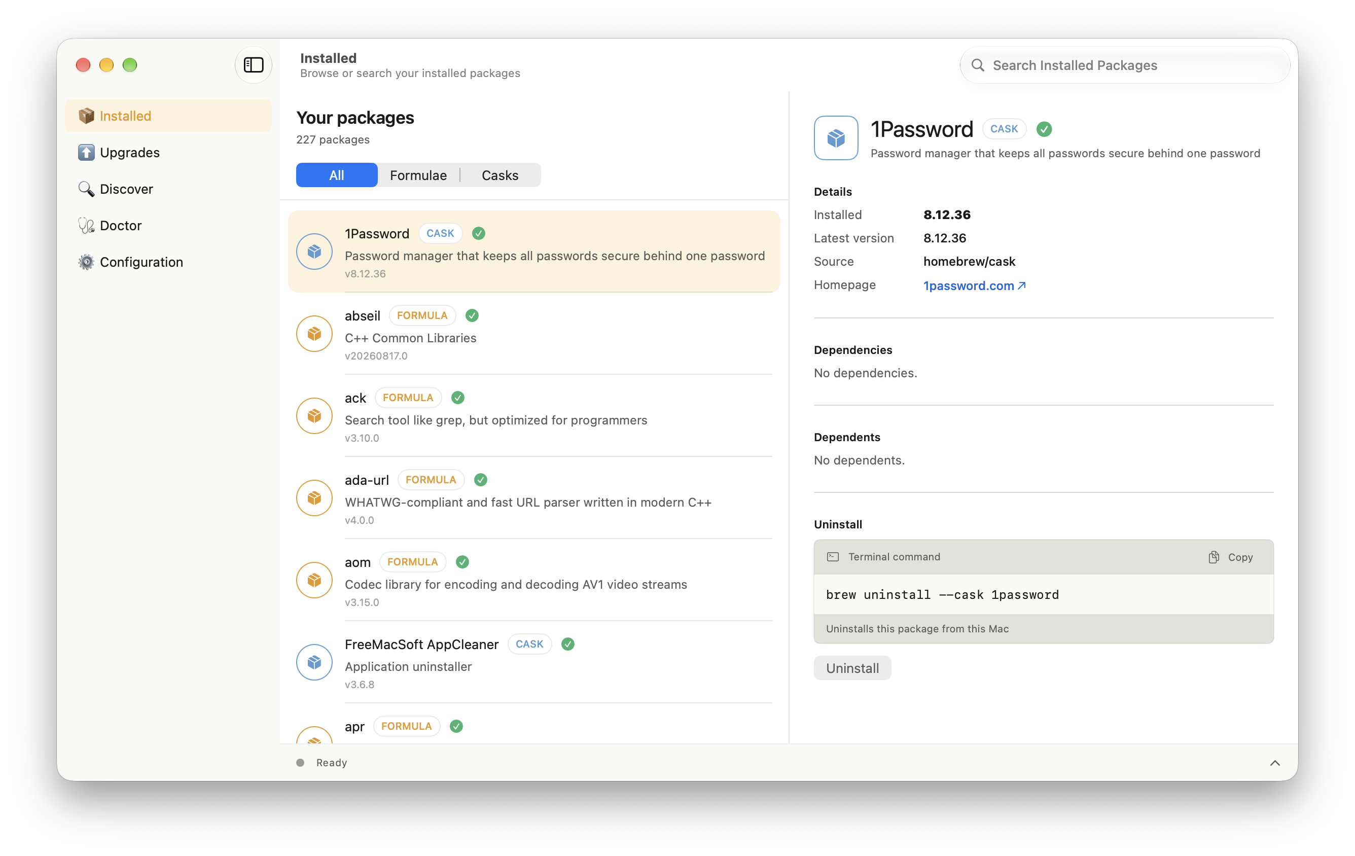 BrewUI — родное приложение Homebrew для macOS: список пакетов, детали версий и подсказка по команде