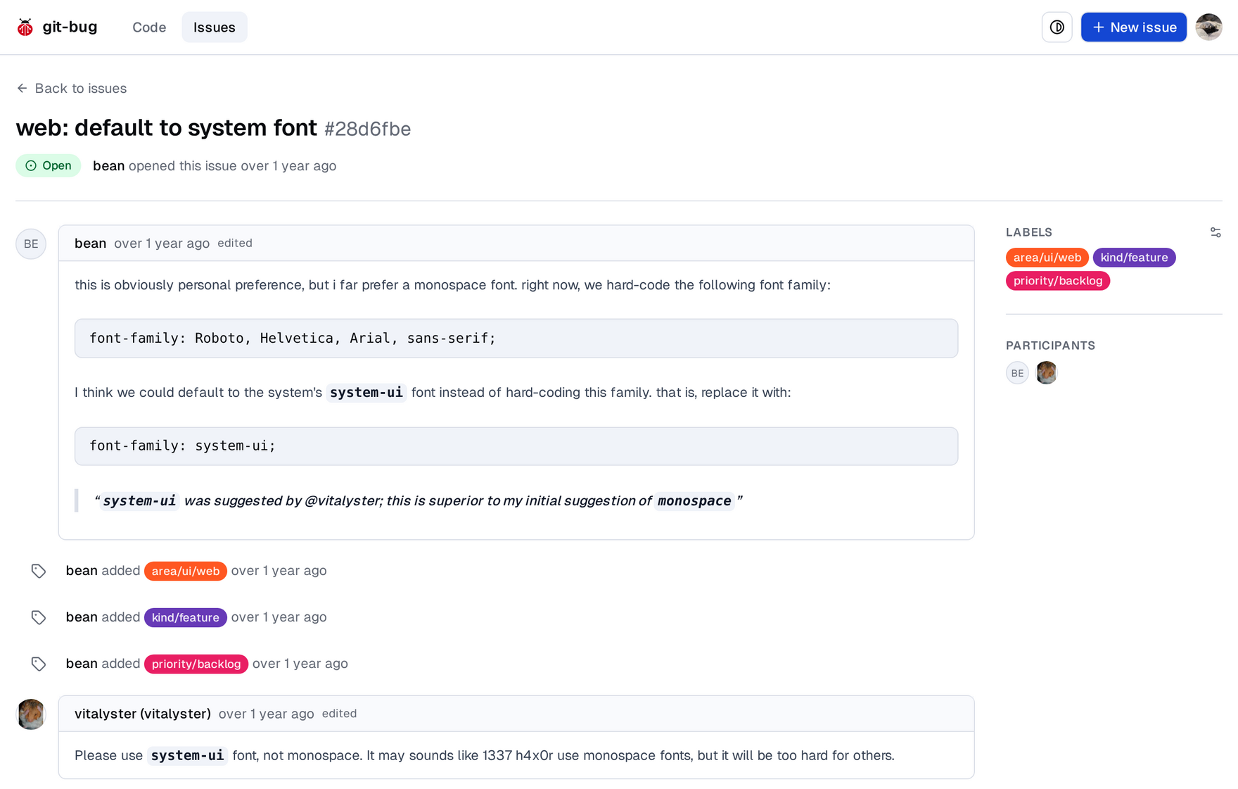 Веб-интерфейс git-bug: тикет с комментариями и метками живёт прямо в git-репозитории (git-bug)