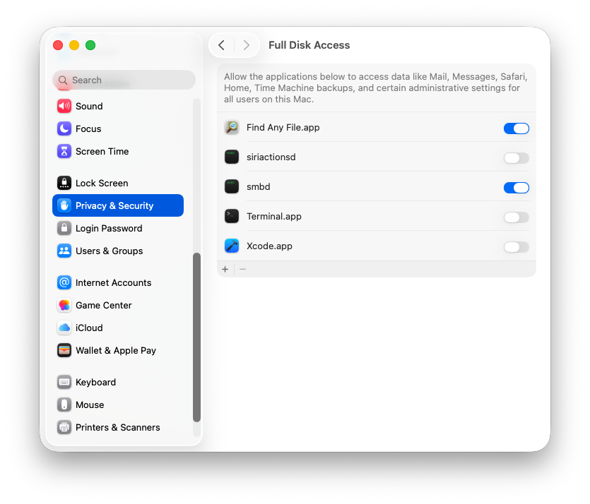 Панель Full Disk Access в системных настройках macOS — именно сюда стоит зайти и пересмотреть выданные разрешения