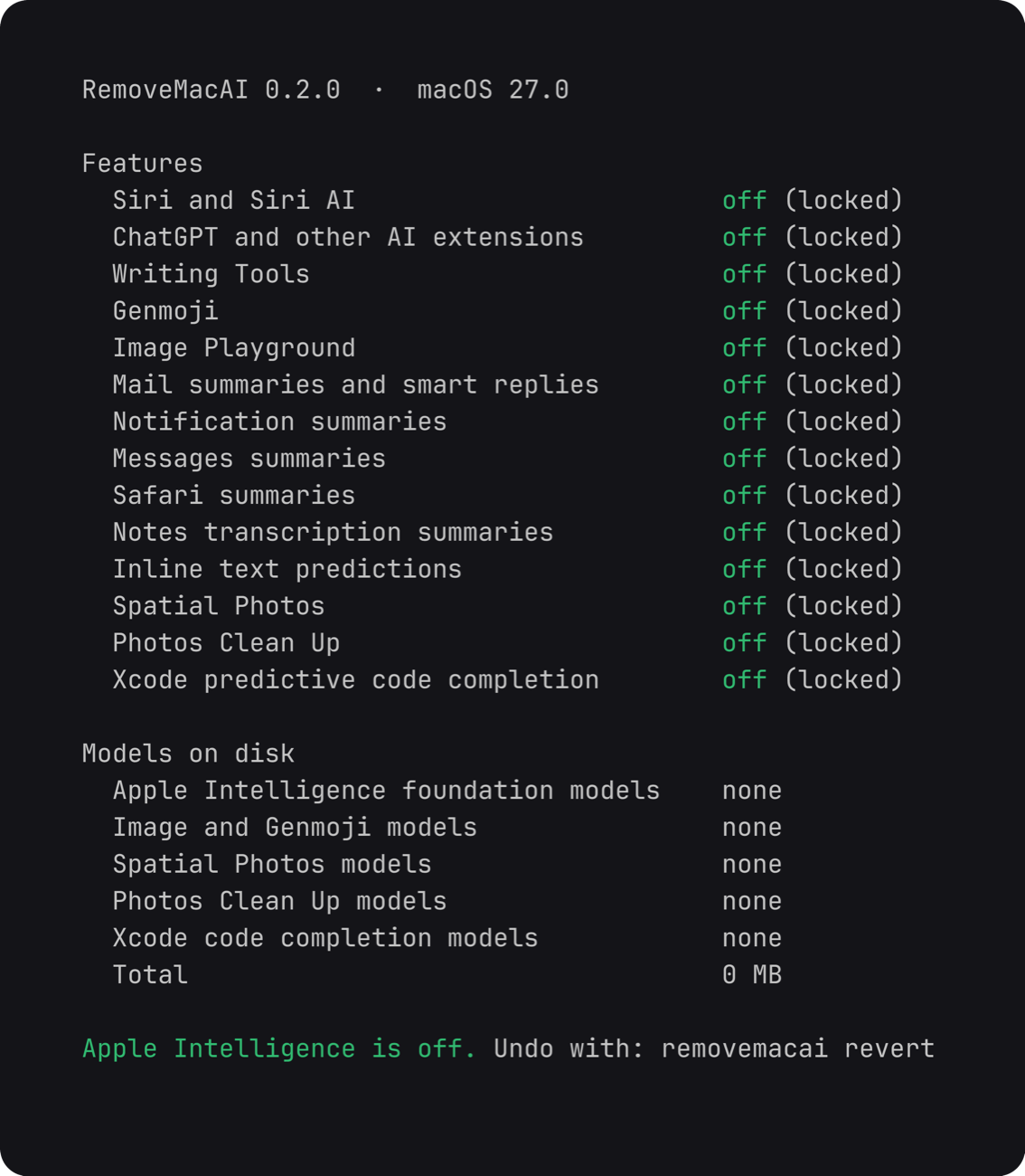 Вывод removemacai status: 14 функций заблокированы, моделей на диске 0 МБ