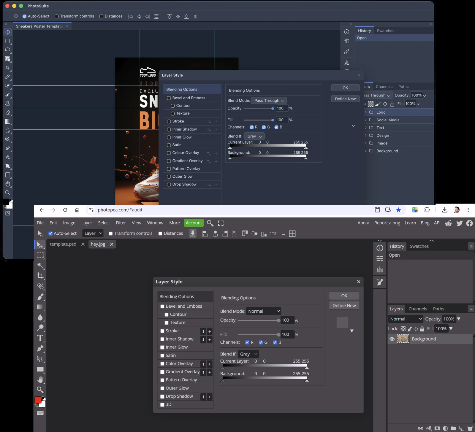 Диалог Layer Style в PhotoSuite сверху и в Photopea снизу — интерфейс повторён почти один в один