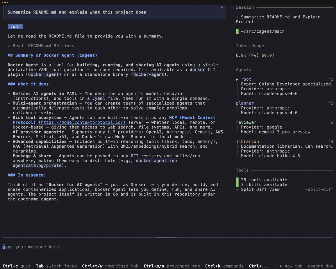 Интерфейс Docker Agent: команда из четырёх агентов с разными моделями, счётчик токенов и стоимости в правой панели